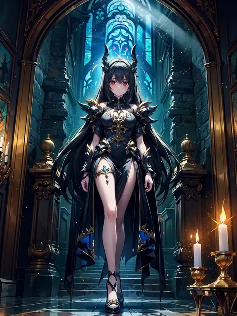 A breathtaking artwork of a female character of unimaginable beauty, set in a dark and opulent environment. The full-body view reveals an impressive figure, exuding an aura of power and mystery. She wears black and gold clothes, radiating a luxurious darkn...