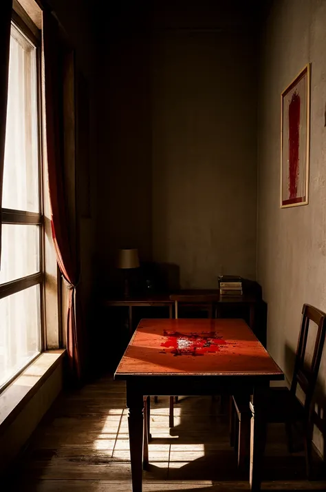 At night, there is a table inside a room, something is written in blood on the table and some people are standing