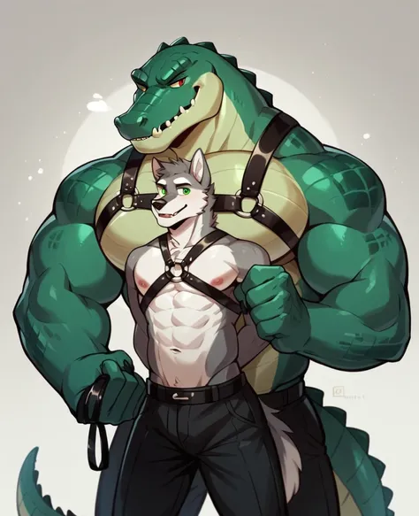 ((Gymnasium detailed background)) (Male, smaller, twink, anthropomorphic, grey wolf, harness around chest, green eyes) (Male, LARGER, hunk, anthropomorphic, crocodile, holding leash, red eyes, sinister look)