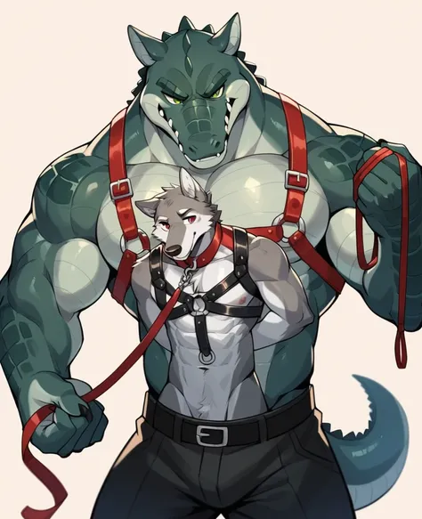 ((Gymnasium detailed background)) (Male, smaller, twink, anthropomorphic, grey wolf, harness around chest, green eyes) (Male, LARGER, hunk, anthropomorphic, crocodile, holding leash, red eyes, sinister look)