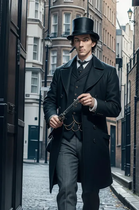 Sherlock holmes investigating, detective, london, victorian age, magnifying glass, empty street, stealth