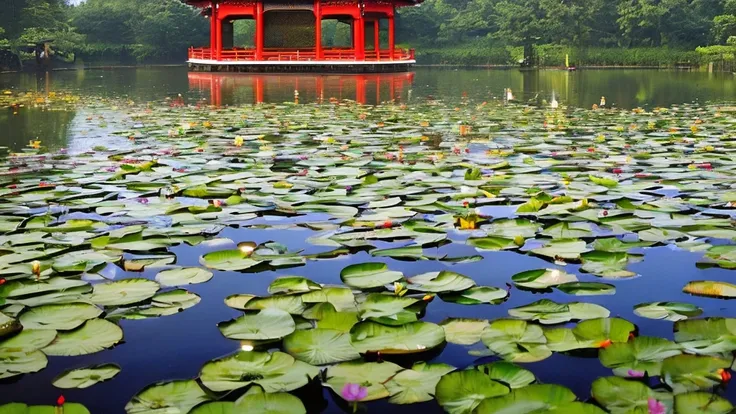 Many water lilies floating in the pond，A pagoda in the background, Beautiful Lights, Evening Lantern, peaceful evening atmosphere, peaceful lighting, author：Ju Lian, author：Ma Yuanyu, lantern, Wuzhen, Beautiful Ambience, Peaceful atmosphere, Beautiful ligh...