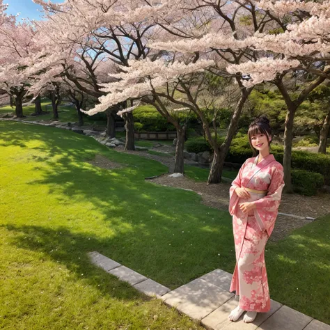 Beautiful woman in kimono，landscape，Cherry blossoms，Sunlight，warmth，Bright colors，Comfort