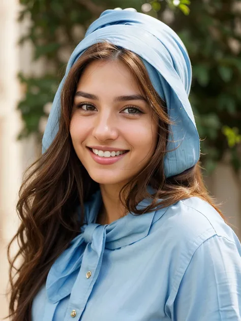 a photo-realistic portrait of a beautiful Palestinian woman with long brown hair, blue shirt, white teeth, and a cute smile, with highly detailed and realistic facial features, modest expression, and realistic white skin tone