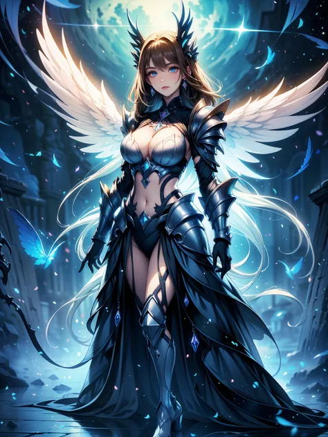 (((masterpiece))) (((highest quality))) (((8k resolution))) Queen in power armor, (gothic style), (full body shot 1.2), bellybutton, The most beautiful and sexy angel goddess, with long light brown hair, and glowing blue eyes, wearing intricate white gothi...