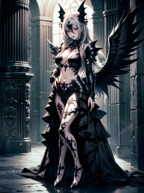 queen power armor , (gothic style), full body view , bellybutton, The most beautiful and sexy demon goddess, long white hair, glowing red eyes, wearing detailed black gothic battle armor, black angel wings, tattoos and piercings, gothic castle, perfect mas...