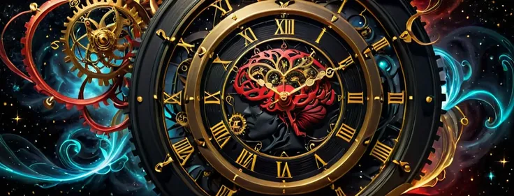 A high-resolution image black, red and golden color.  featuring a detailed clock intertwined with elements symbolizing time and the brain. The clock’s gears and hands are intricately designed, partially merging with a human brain, where neurons are visibly...