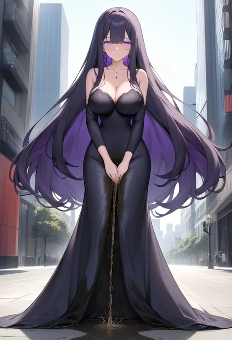 (masterpiece:1.37), best quality, (extremely detailed:1.37) woman, (adult:1.5), (very long hair:1.5), dark purple hair, purple eyes, (extremely detailed eyes:1.37), breasts, (very long dress:1.5), (very tight dress:2.0), white dress, (wetting herself:2.0),...