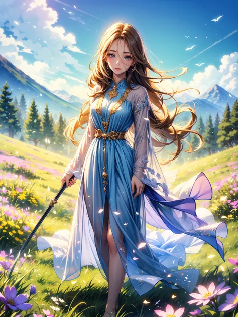 A radiant artwork of a benevolent female healer standing in a serene mountain meadow. The full-body view showcases her in soft, flowing white and lavender robes, exuding an aura of compassionate kindness and gentle grace. Her wavy, golden hair frames a fac...