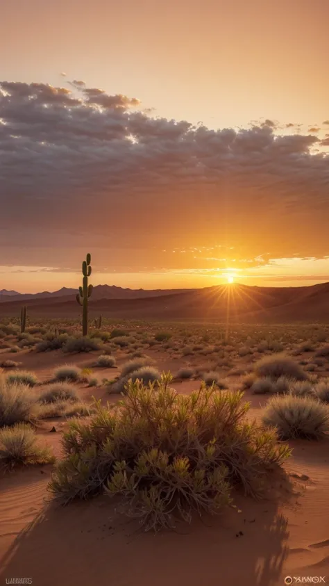 A storax plant growing in the desert. Beautiful sunset landscape with wonderful sun, orange tones in the sky,Ultra-realistic Full HD 8k highly detailed. 