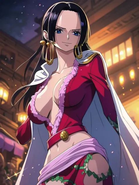 Boa Hancock from One Piece, detailed face, beautiful blue eyes, small smile, wears earrings; big breasts, cleavage, loose and stylized hair, long beautiful hair, wears Boa Hancock earrings, (wears a red dress), (wears a white cape), has cleavage, bare abdo...