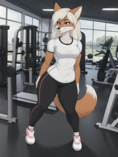 furry, fox, female, white shirt, black leggings, shoes, gym, teen, full body