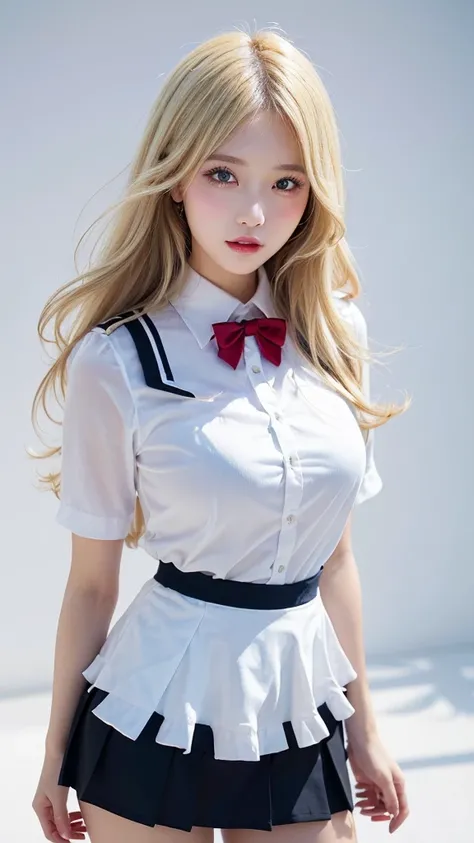 (((forehead、Blonde、Northern Europe、White people、beautiful girl、Blonde、White background、Idol、uniform、mini skirt)))、table top, highest quality, figure, super detailed, finely, High resolution, 8k wallpaper, Perfect dynamic composition, detailed and beautiful...