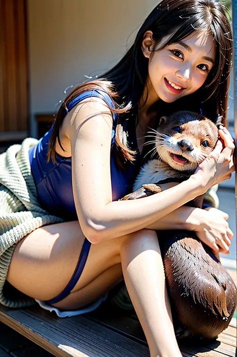 Super sexy and super cute Japan girl、Super big、Cute smile、A girl hugging a cute little otter