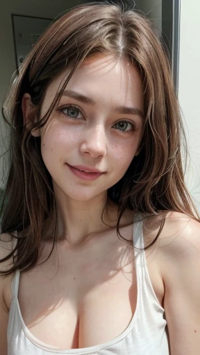 White woman, 35 years old, Brown hair, long hair, messy hair, Nice face, simetric face, Green eyes, Nice body, Loose and light tank top, slender, small breast, Tiny breast, little breast, laughing, cleavage