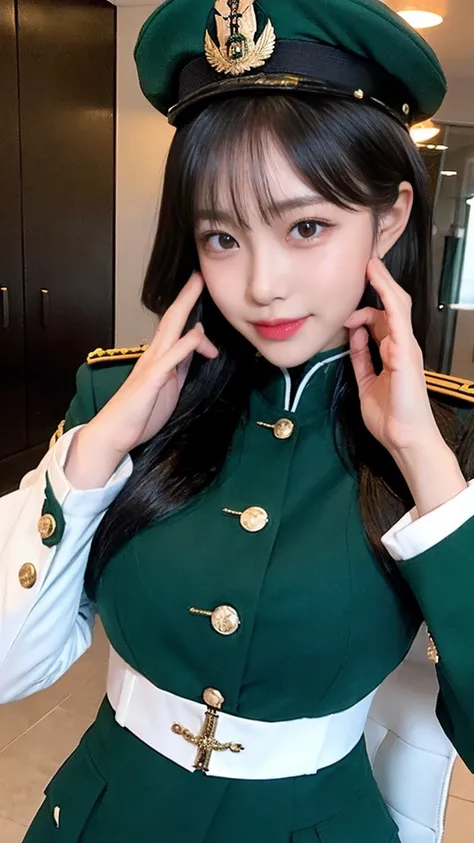 最high quality, masterpiece, 32k、Very detailed、Realistic、1 girl, Japanese women、Emerald green military uniformのコスチューム、High-grade, futuristic, sexy costume, Emerald green military uniform、US Army military uniform hat、Attractive K-pop idol-like outfits、Emeral...