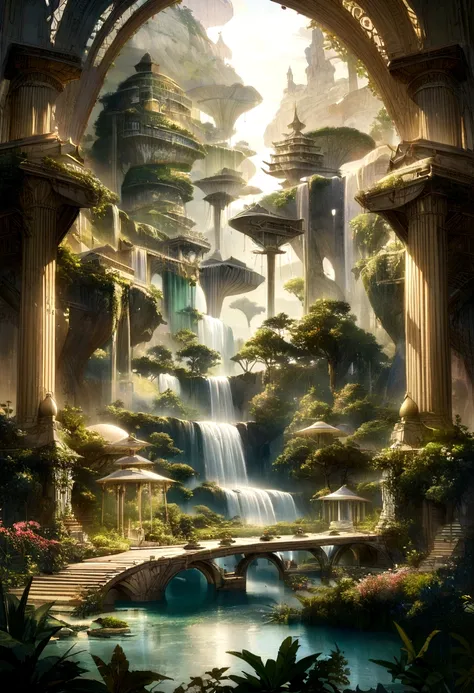 a serene, utopian landscape, a verdant paradise, detailed lush foliage, flowing rivers and waterfalls, beautiful architecture, gleaming white marble temples, floating islands in the sky, ethereal light, celestial rays, angelic beings, dreamlike atmosphere,...