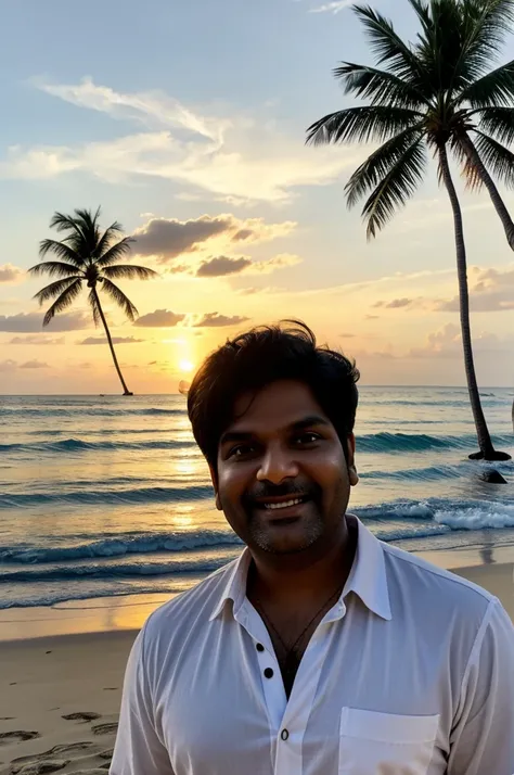 I can create a detailed description of the video you have in mind. Here’s a possible scenario for a video featuring Kapil at the beach:

"Kapil, a handsome man in his early 30s with short black hair and a well-groomed beard, is standing on a beautiful sand...