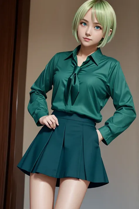 Anime of a girl of average height with aqua green eyes and short blonde hair, wearing a dark blue skirt , a long-sleeved shirt and a red tie 
