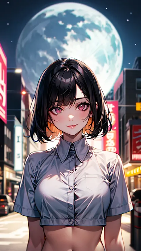 Face focus, portrait, glowing black eyes, Feminine style, a girl, asymmetrical Bangs, Bangs, black hair, OKid, OK, Camera gaze, Smile, night, City, bob hair, abdomen, red lips, shirt, alone, Permanent, OKid, Upper Body, underwear, pink underwear, Perfect b...