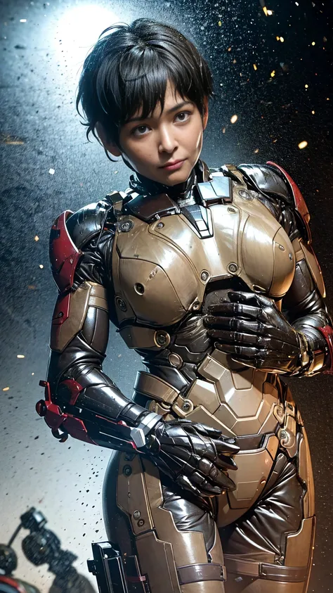 Highest quality　8k Iron Man Suit Girl　Middle-aged women　Sweaty face　cute　short hair　boyish　Steam coming out of my head　My hair is wet with sweat　The feel of black hair　Full body portrait　My upper body is soaked　 　I can see the vagina　Lying in bed　Face soak...