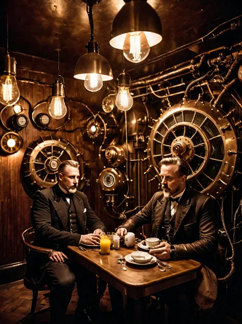 , teslapunkai,  retro-futuristic,  plasma and lightbulbs for breakfast ,   electricity   powered, steampunk nautilus-style. very wide shot, character photo portrait, film, professional,