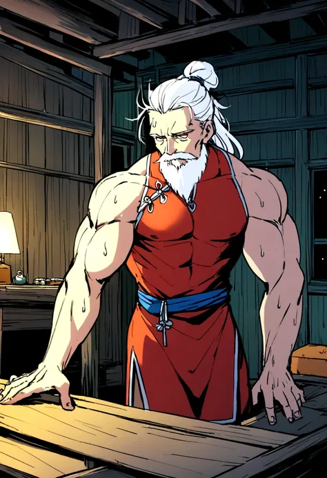 Highest quality、detailed、8K、1 Elderly、tailor、Making a red Chinese dress、Ultra-precision work、The hermit uses a workbench、Late Night、Lighting with one bulb、Sweat、muscular old man、Long white beard、Long white hair tied back、Messy Hair、In a dilapidated hut