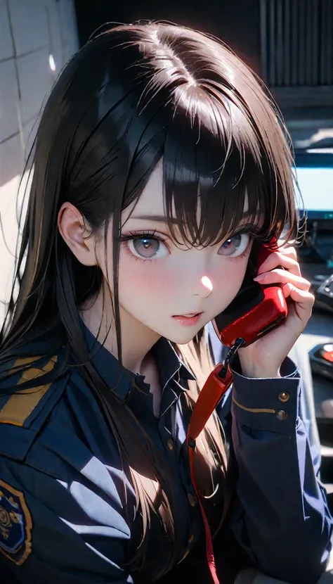 (8K, RAW photos, best quality, masterpiece: 1.4), (((Answering the phone的fema)))，Ultra-high resolution, Extremely detailed, light, female, black eyes, (delicate eyes, Eyes are bright:1.2), Black long hair, Fair skin,dark, Prop police uniform,(perfect anato...