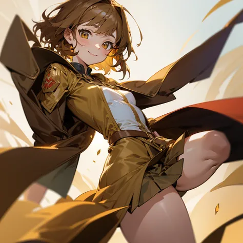 beautiful girl, cute face, perfect anatomy, short light brown hair, golden eyes, wearing an adventurers outfit, wearing skirt, wearing a coat, with a great smile of gratitude, with a bleeding wound in the face, small breasts, big thighs, anime style.