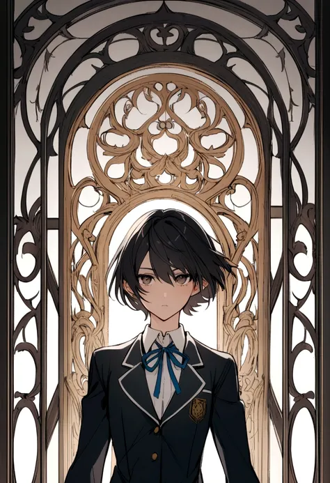 A Transboy Black Hair that look like a girl short hair dress high schools uniform background school gate