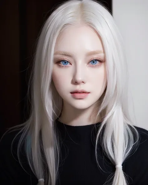 a closeup of a woman with long blonde hair and blue eyes, perfect white hair girl, ulzzang, girl with white hair, pale porcelain...