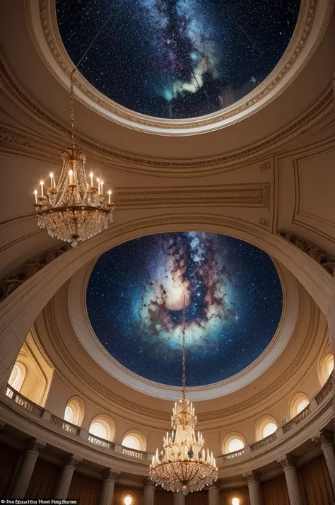 The ballroom had a four-story ceiling., ending in a glass dome, where a stunning projection of the night sky painted it with constellations