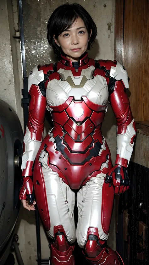 Highest quality　8k All-red Iron Man suit girl　Middle-aged women　Sweaty face　Hot and tired look　short hair　boyish　Steam coming out of my head　My hair is wet with sweat　The feel of black hair　Full body portrait　My upper body is soaked　 　I can see the vagina　...