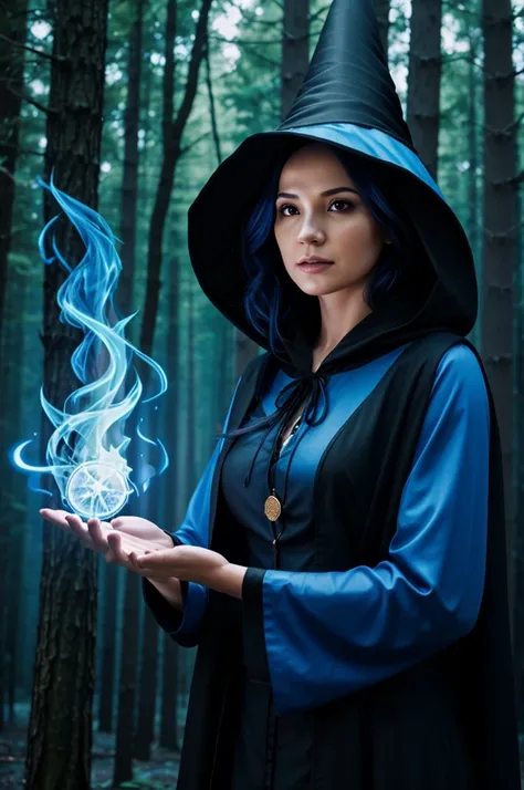 Day forest background, Women ( Magician, witch, itself, healer) with black hood, blue flames. blue Fire