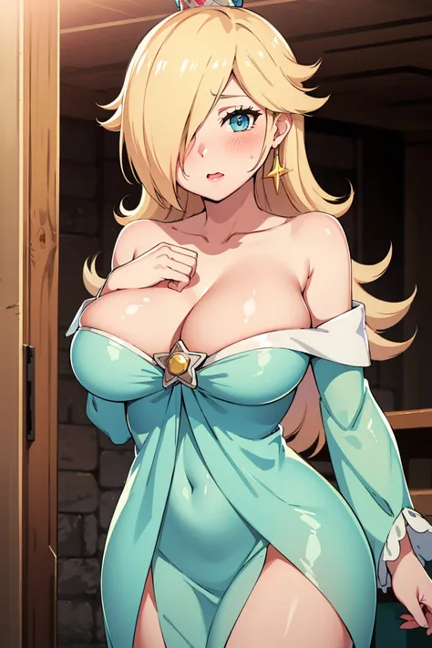 best quality, high resolution, large breasts, blonde hair, blush, embarrassed, cowboy shot, looking at viewer, princess_rosalina, pink lip