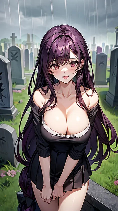 1 girl, alone, long hair, Large Breasts, cleavage, Brown eyes, OK, purple hair, Black skirt, ,Short skirt,  , Mature female, widow, :D, (masterpiece: 1.0), (最OK_quality: 1.0), silence，rain，cloudy day，Cemetery