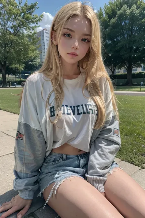 Blonde, athletics, sitting in a park, modern loose clothing