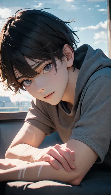 (8K, RAW photos, best quality, masterpiece: 1.4), (((Boy looking at his arm)))，Ultra-high resolution, Extremely detailed, light, closeup of arms, handsome boy, black eyes, (delicate eyes, Eyes are bright:1.2), Gray short hair, Fair skin,dark, Grey sweatshi...