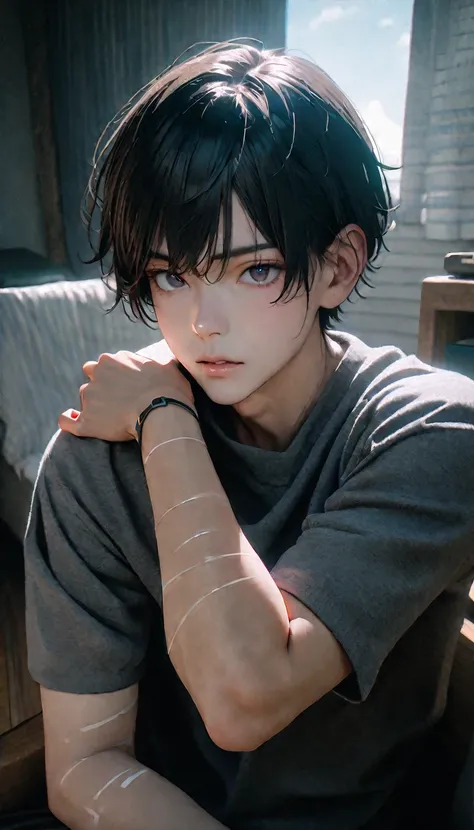 (8K, RAW photos, best quality, masterpiece: 1.4), (((Boy looking at his arm)))，Ultra-high resolution, Extremely detailed, light, closeup of arms, handsome boy, black eyes, (delicate eyes, Eyes are bright:1.2), Gray short hair, Fair skin,dark, Grey sweatshi...