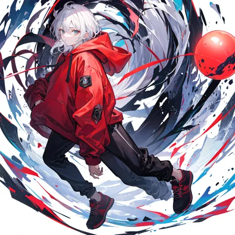 A man wearing a red hoodie with cool white hair and holding a large ball in his hand, full body, transparent background