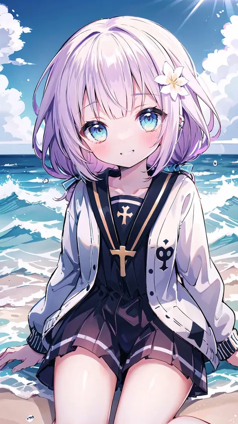 best quality, hyper detailed, highres, beach, ocean, sky, a girl, loli, necromancer, xxx-shaped, excited, shy, grinning, sitting...