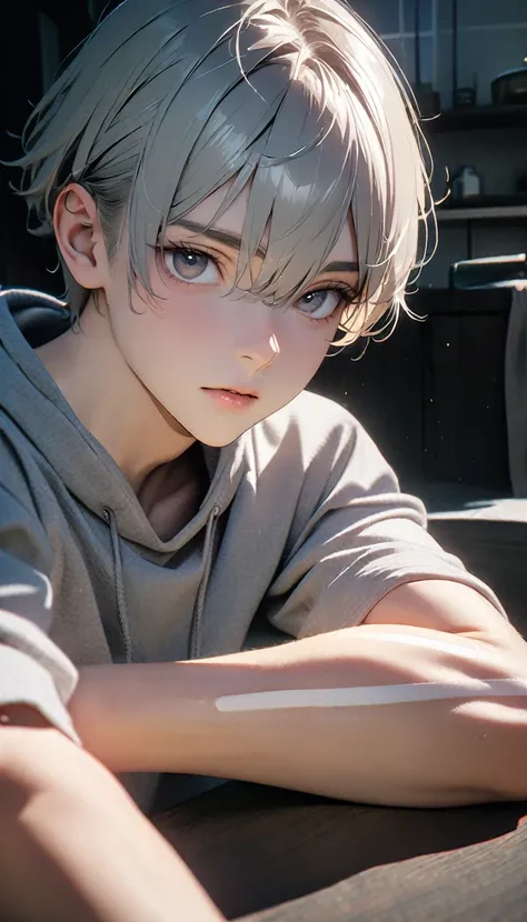 (8K, RAW photos, best quality, masterpiece: 1.4), (((Boy looking at his arm)))，Ultra-high resolution, Extremely detailed, light, closeup of arms, handsome boy, black eyes, (delicate eyes, Eyes are bright:1.2), Gray short hair, Fair skin,dark, Grey sweatshi...