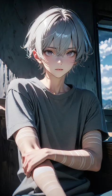 (8K, RAW photos, best quality, masterpiece: 1.4), (((Boy looking at his arm)))，Ultra-high resolution, Extremely detailed, light, closeup of arms, handsome boy, black eyes, (delicate eyes, Eyes are bright:1.2), Gray short hair, Fair skin,dark, Grey sweatshi...