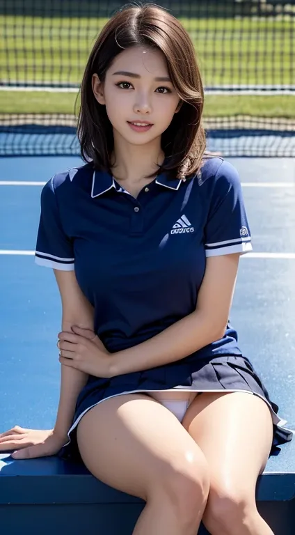 NSFW、From below、I want you to look at my panties.、showing off panties、Physical education sitting、You can see panties on BDSM、pantyshot、up skirt、Lifted skirt、((Japan Girls High School Tennis Uniform in Blue and White Thin Mini Skirt)、Wide open crotch:1.2、Ve...