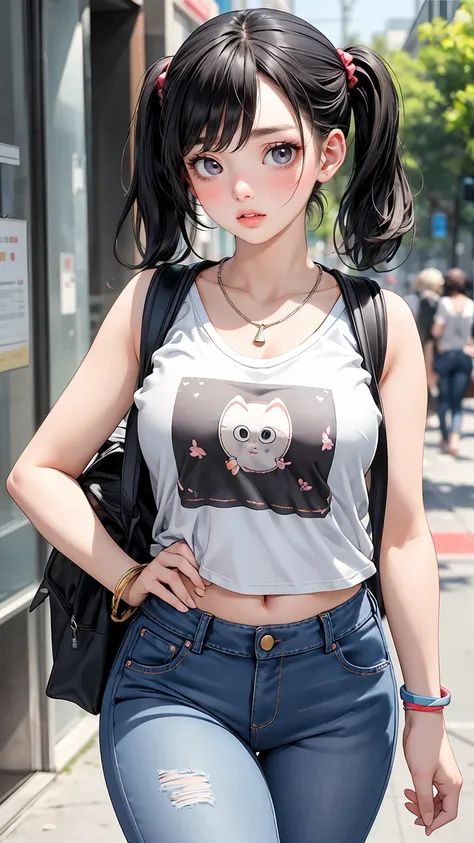 (masterpiece, best quality), Perfect slim figure, Thick thighs, Beautiful breasts, Double ponytails, Printed sleeveless cropped T-shirt, jeans, necklace, bracelet, Backpack, big、beautiful eyes, Open your mouth, blush, Walking posture, University Campus, Na...