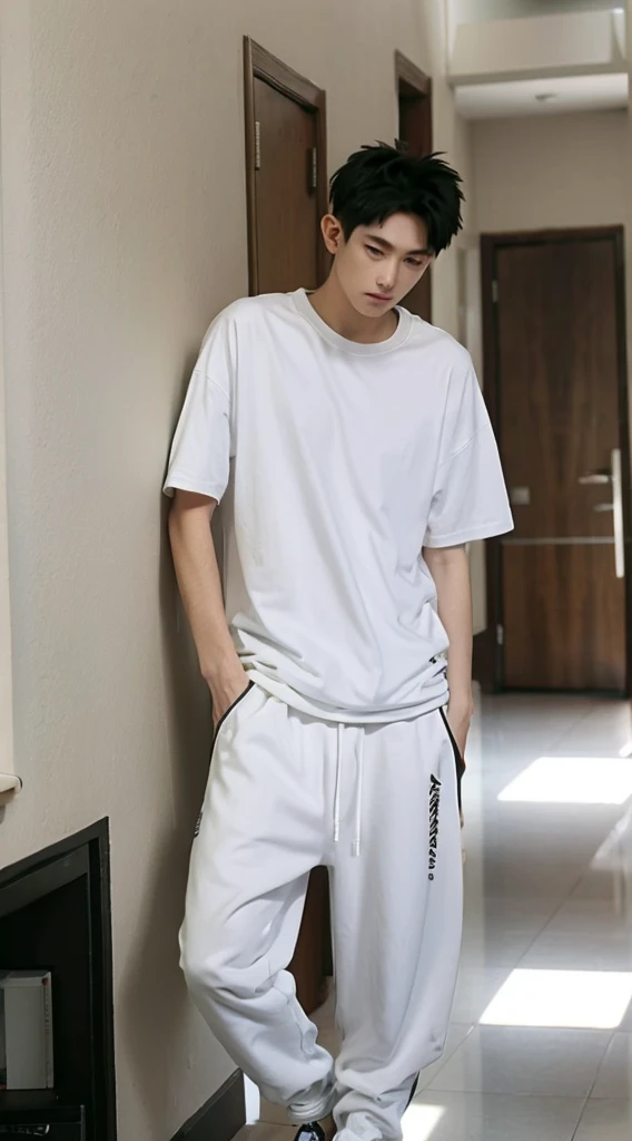 White T shirt and black jogger pants 