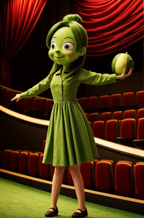 An animated avocado-headed girl on a theater stage 