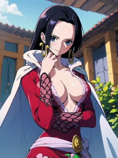 Masterpiece, Boa Hancock from One Piece, detailed face, beautiful blue eyes, small smile, wears earrings; big breasts, cleavage, loose and stylized hair, long beautiful hair, wears Boa Hancock earrings, (wears a red dress), (wears a white cape), has cleava...