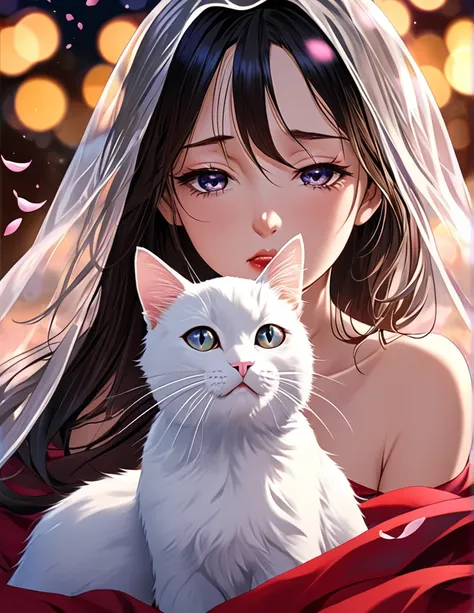 (Harem Manga style:1.2) , Hallucination, daydream , nightmare , Insane Dream , bokeh , erotica , romance ,  girl and realistic cat , Petals fluttering down , (Single eyelids, round nose, swollen cheeks) , glossy lips , Collarbone , Hair blowing in the wind...