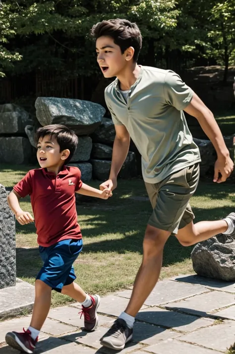 Boy chased by an animated stone woman
